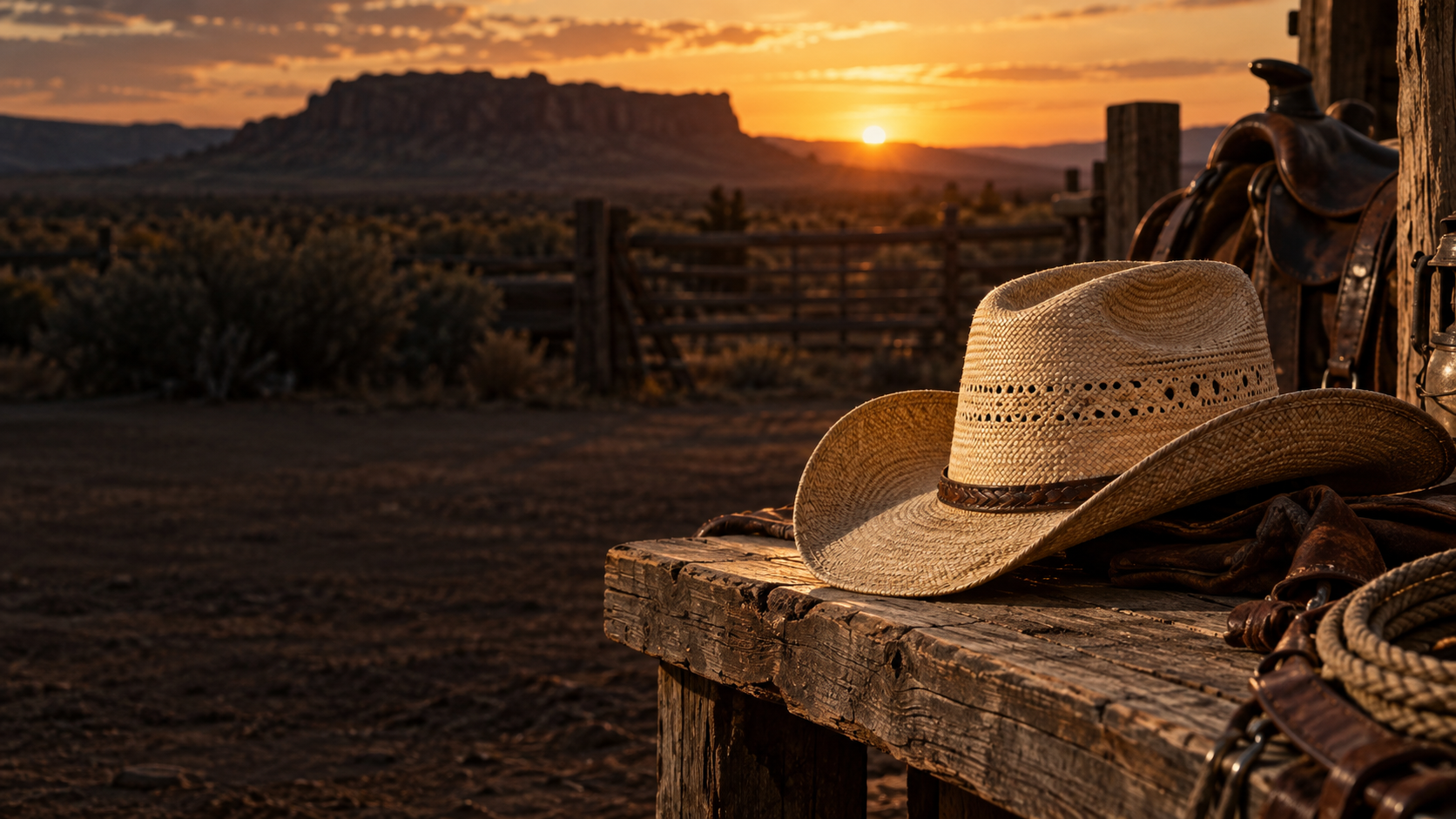 Concept photograph of a straw cowboy hat on a ranch workbench